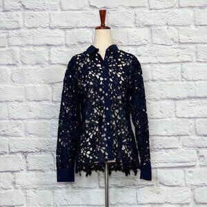 Banana Republic Navy Blue Floral Lace Button Down Top